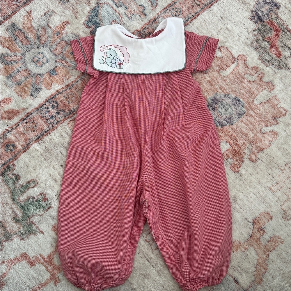 Vintage Red Gingham Baby Romper with Embroidered Holiday Collar